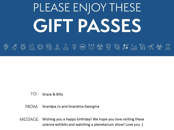 Example of Flandrau Gift Pass Certificate message